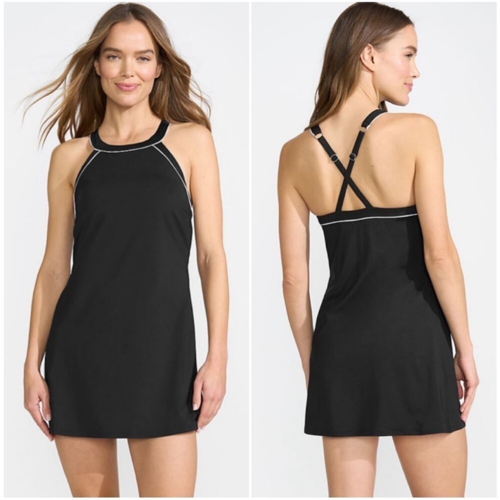 Lands' End NWOT Black and White High Neck One Piece Swim Dress Swimsuit Size 16